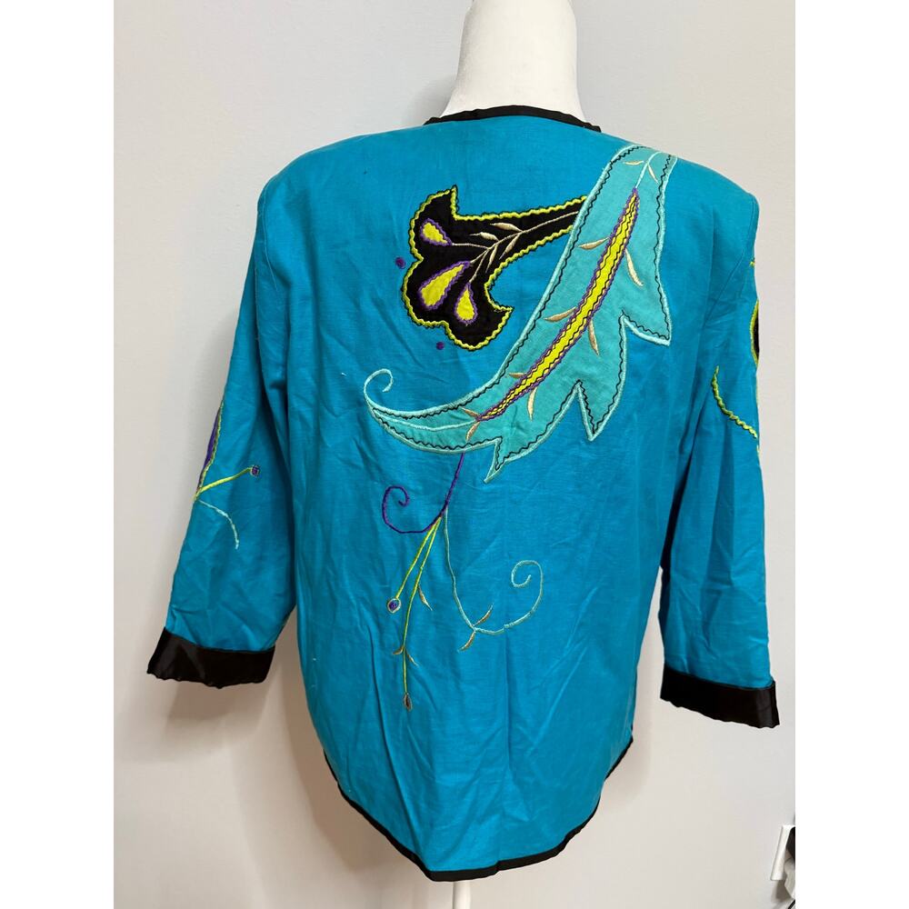 Vintage Alex Kim Embroidered blue Jacket Size Floral Butterfly Artsy cotton Med - Picture 4 of 6